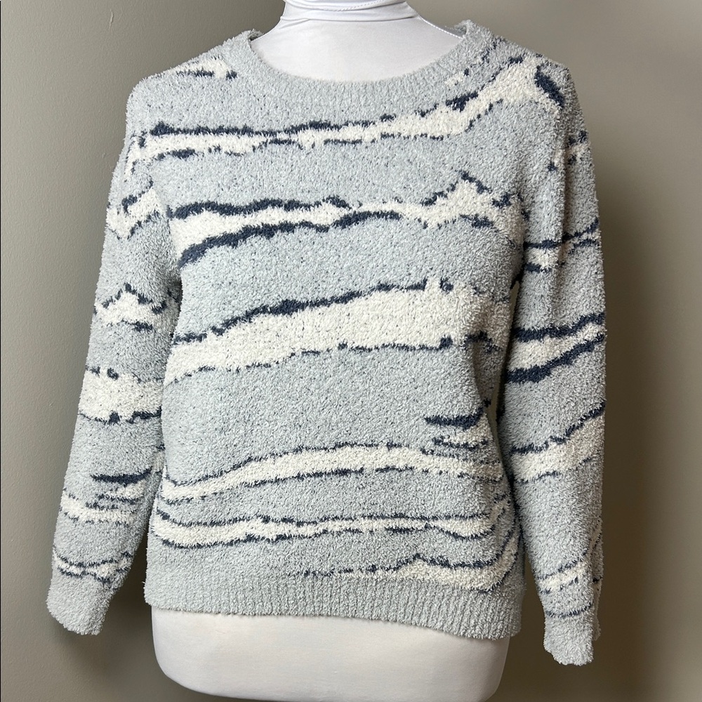 Barefoot Dreams CozyChic Striped Pullover Sweater Blue Gray Size L